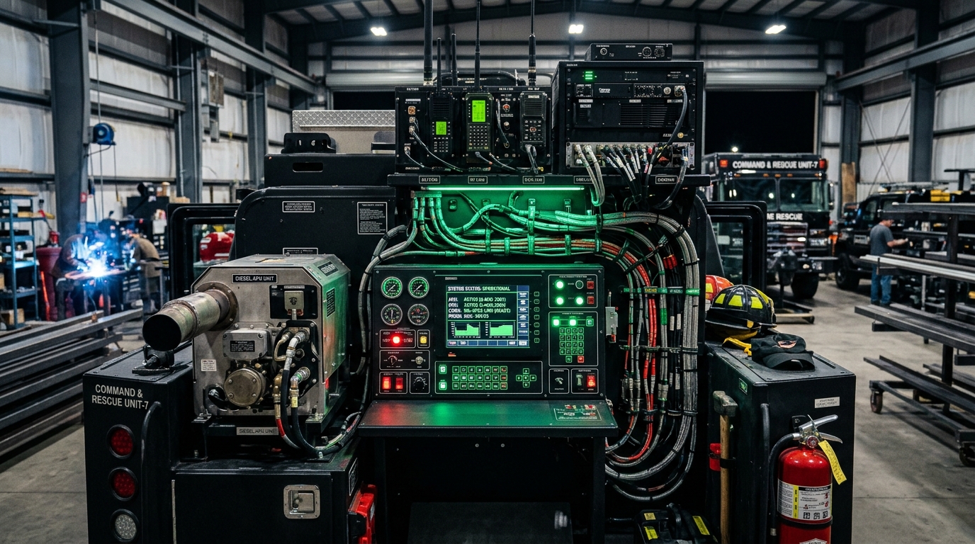 Fire engine emergency response auxiliary power and pump control systems